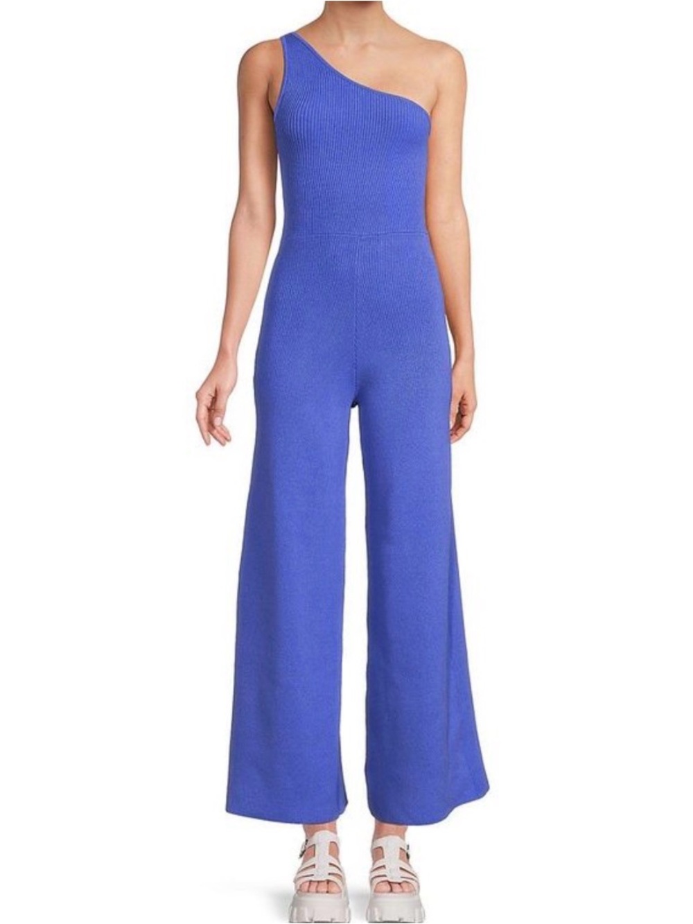 Free People Waverly Ribbed One Shoulder Sweater Jumpsuit – Bird Song Blue
